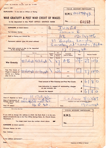 War Gratuity and Post War Credit of Wages: &pound;61-8s-0d